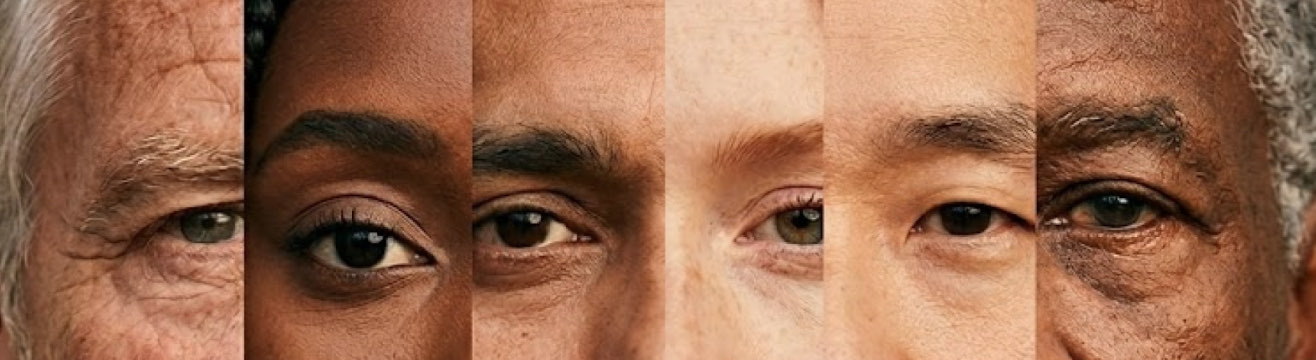 A single continuous face composed of vertical slices from many different people